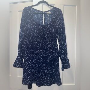 Navy Blue Polka Dot Long-Sleeve Dress